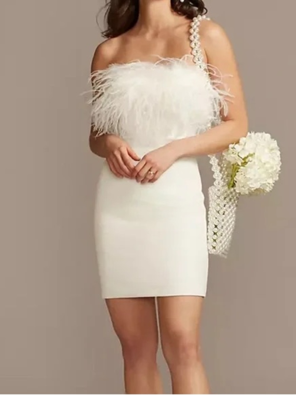 David's Bridal White Feather-Trim Mini Dress